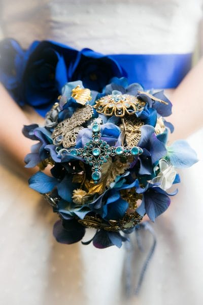 Blue Sash and Brooch Bouquet with BLUE accents