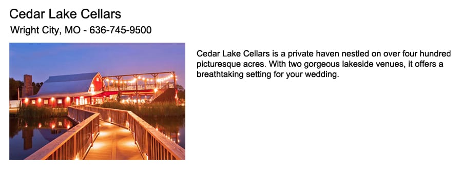 Cedar Lake Cellars Wedding Venue by BrideStLouis.com