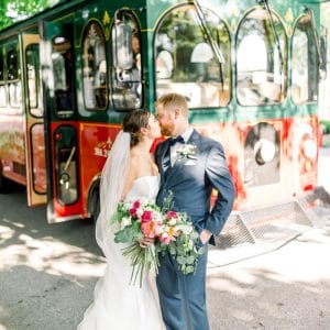 Bride and Groom in front of trolley